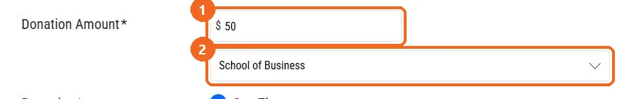 Donation form: amount field set to 50 dollars and fund dropdown set to School of Business