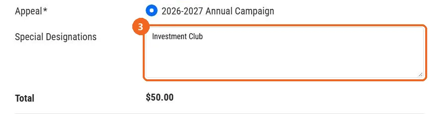 Special Designations box with Investment Club typed in