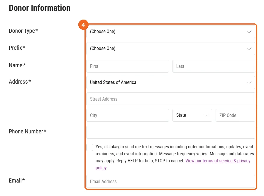 Donor Information section: donor type, name, address, phone, email