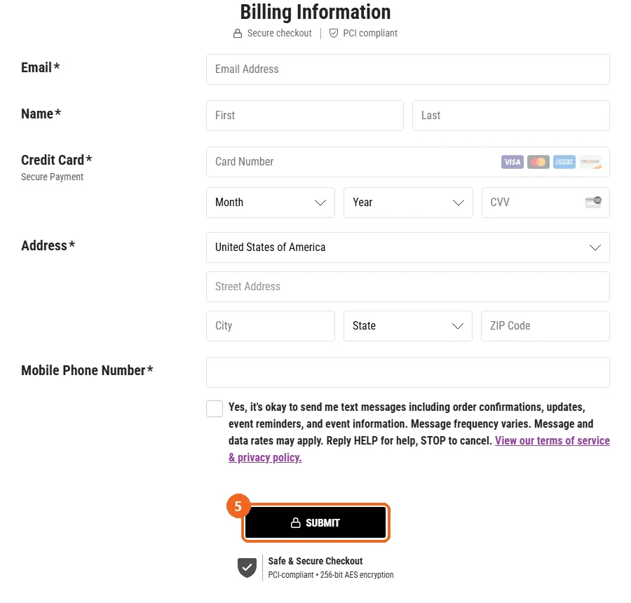 Billing Information section with the Submit button highlighted